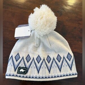Cozy Knit Hat with Pom Pom - Cream and Blue